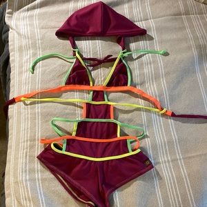 Strappy Neon Hooded One Piece Boy Short Jumper